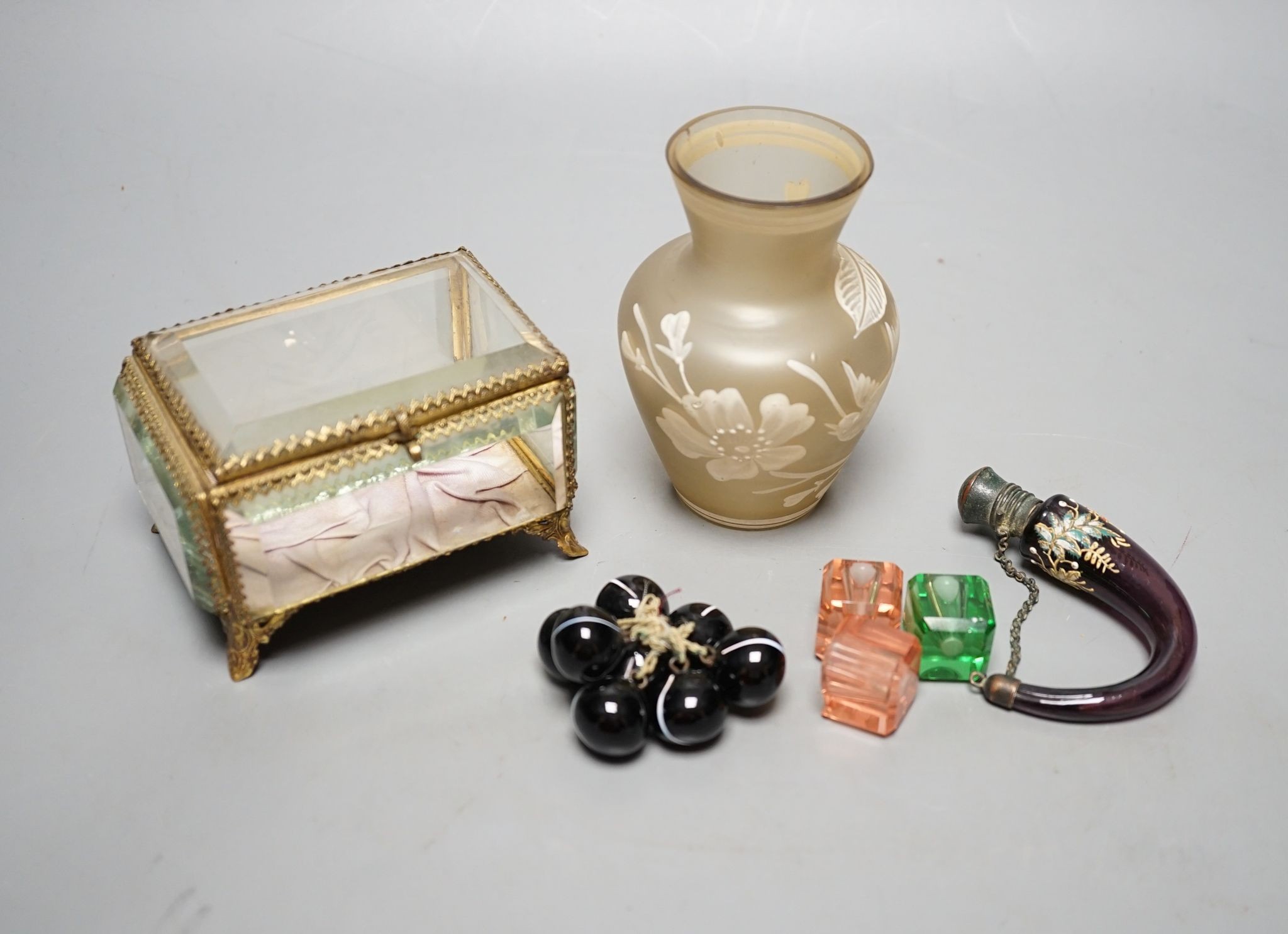 A glass trinket box, 20cm., Bohemian enamelled glass novelty scent bottle, etc.